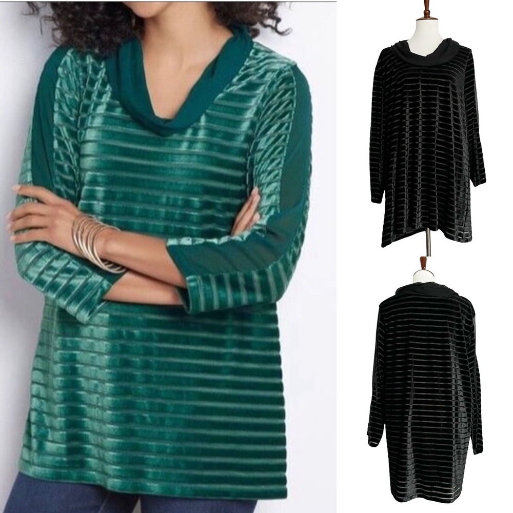 Soft Surroundings Black Meri Velvet‎ Stripped Tunic Top Size 2X